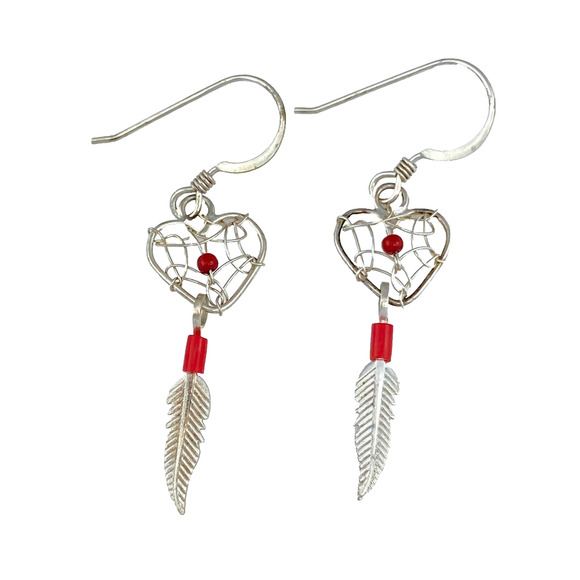 Red Coral Heart Dreamcatcher Earrings | Vintage Southwest Sterling Silver 925 - Picture 1 of 5